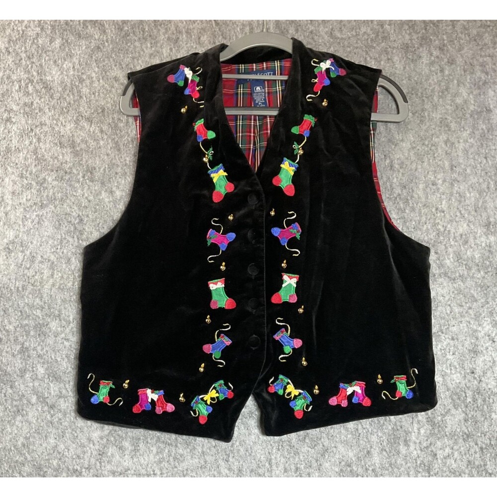 Vintage Christmas Vest Womens PL Black Velvet Embroidered Stocking Bells Petite